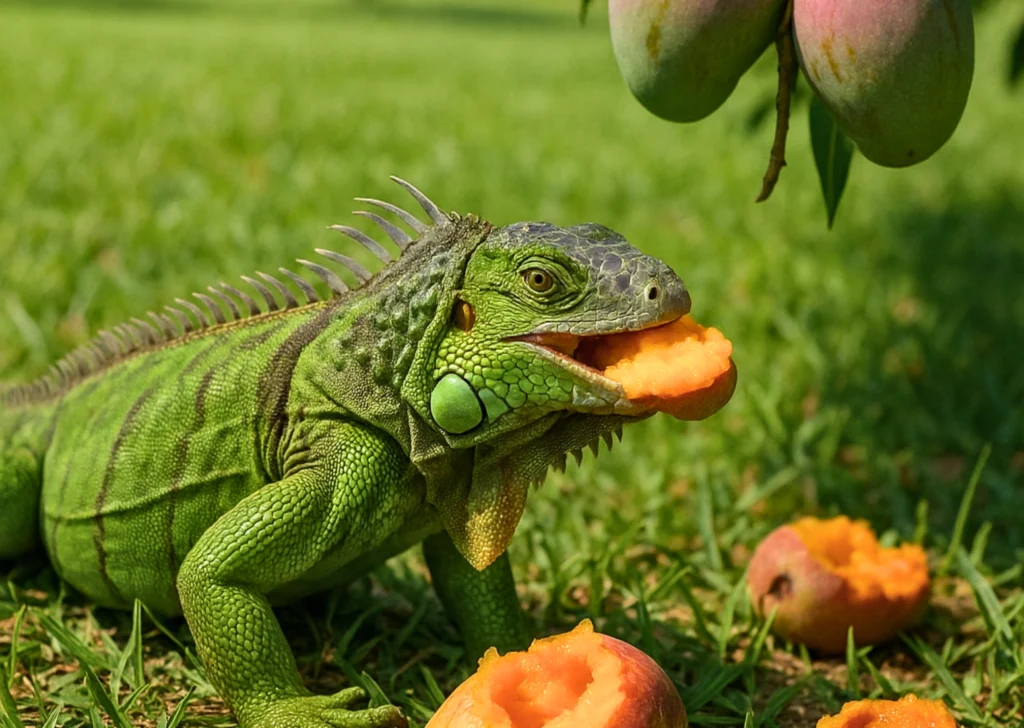 Large green iguana eating a mango and destroying yards