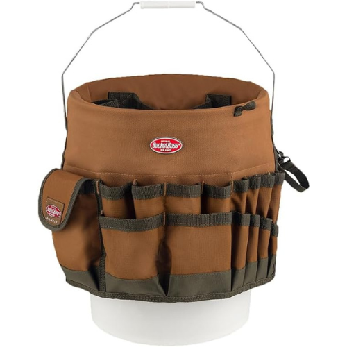 brown bucket tool organizer in a white bucket