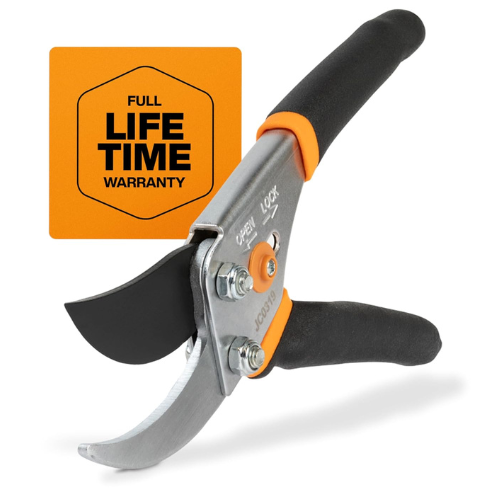 side view of gardening shears with orange and black handle 