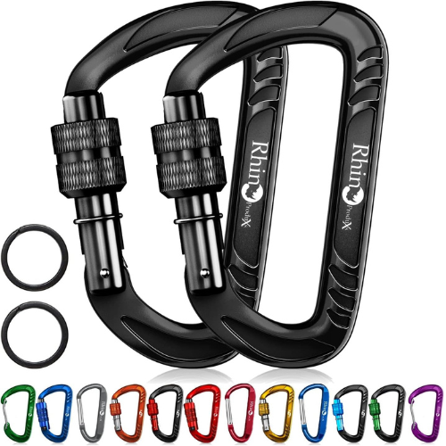 a group of black carabiners with different colors