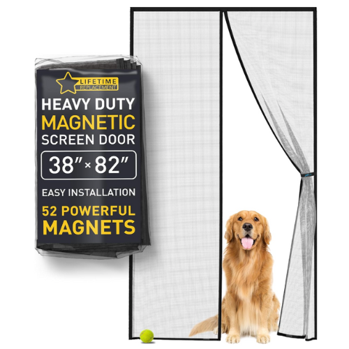 a dog in front of a half open screen door