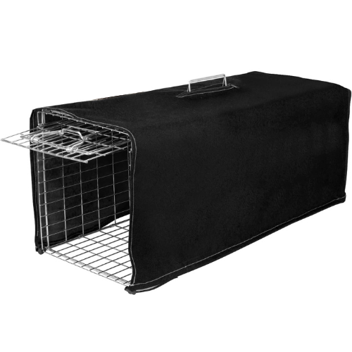 black tarp covering open cage