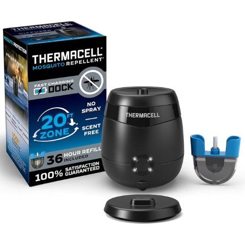 a black device with a blue and white box