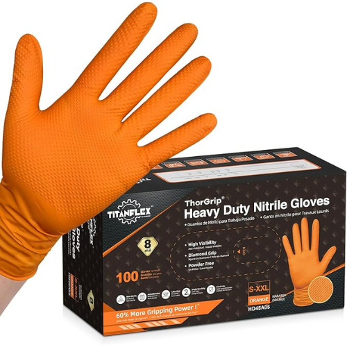 hand in orange glove with box of them in background