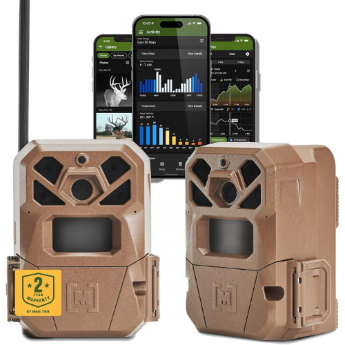 two trail cameras with phone app image in background 