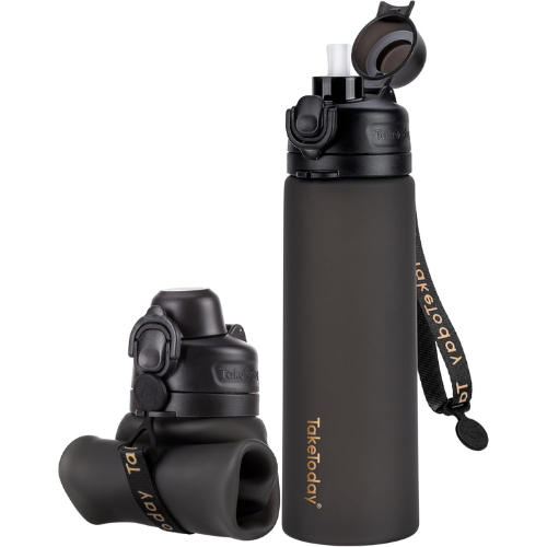 Collapsible water bottle expanded and rolled up used for drinking