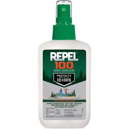 DEET insect repellent spray bottle with green cap