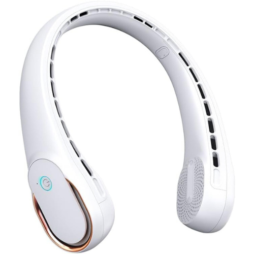 Portable neck fan worn around neck for cooling during outdoor nature walk