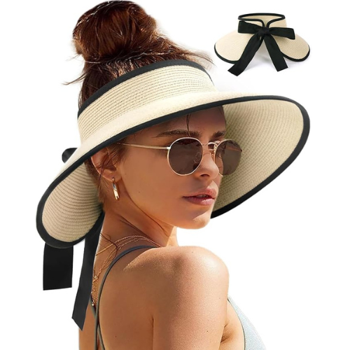 woman in Wide brim sun visor hat worn outdoors to protect face from UV rays