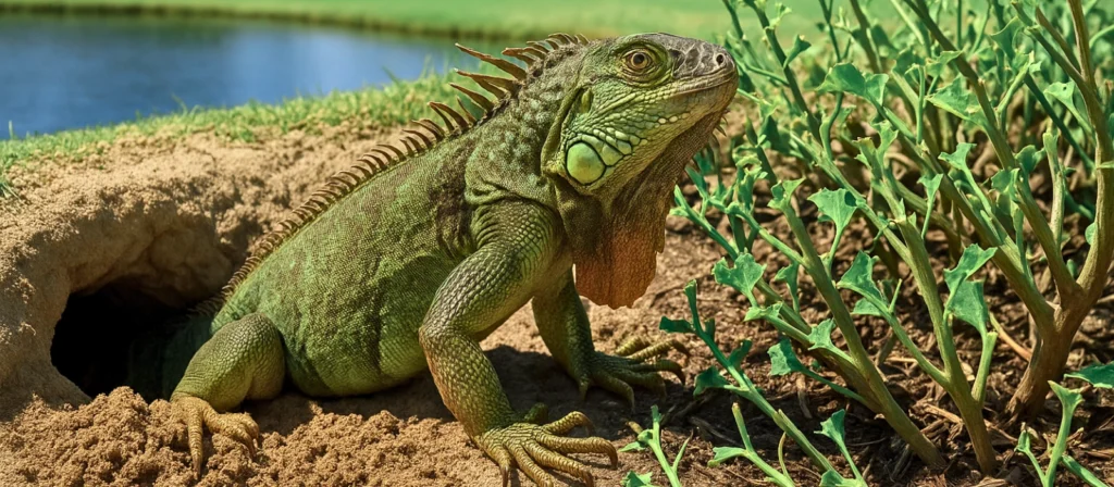closeup green iguana in Florida  coming out of burrowed hole showing damage in garden problem area