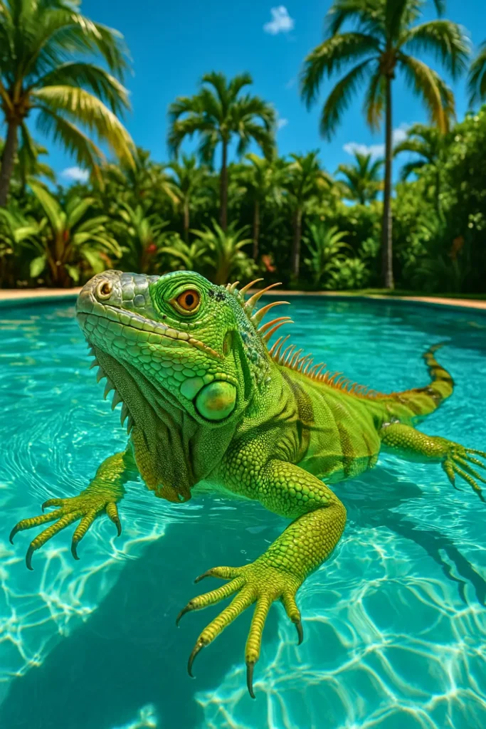 Closeup of iguana in turquoise pool