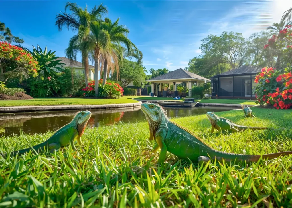 Iguana problem with many sitting in a lush backyard Florida setting