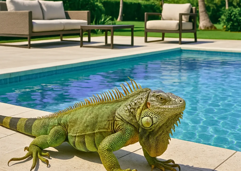 iguana on patio lounging next to pool