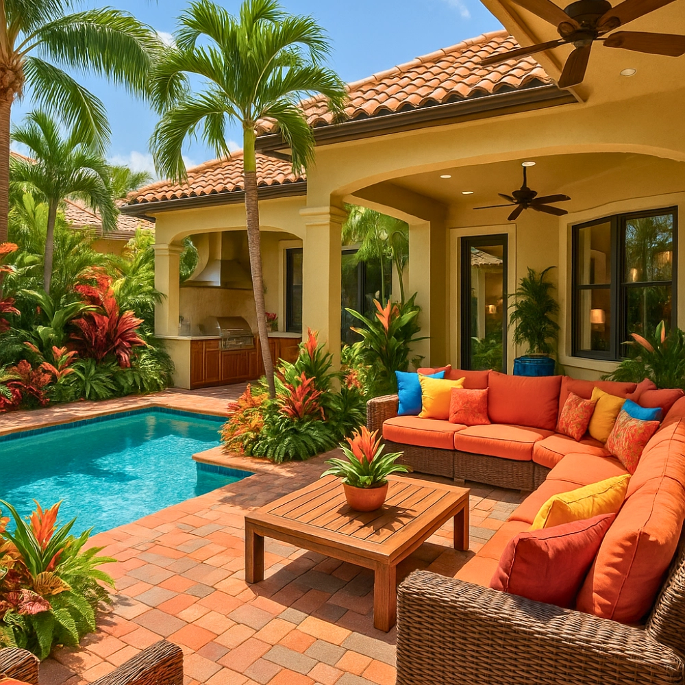 photo of residential patio with furniture and a pool in Florida where iguanas are attracted
