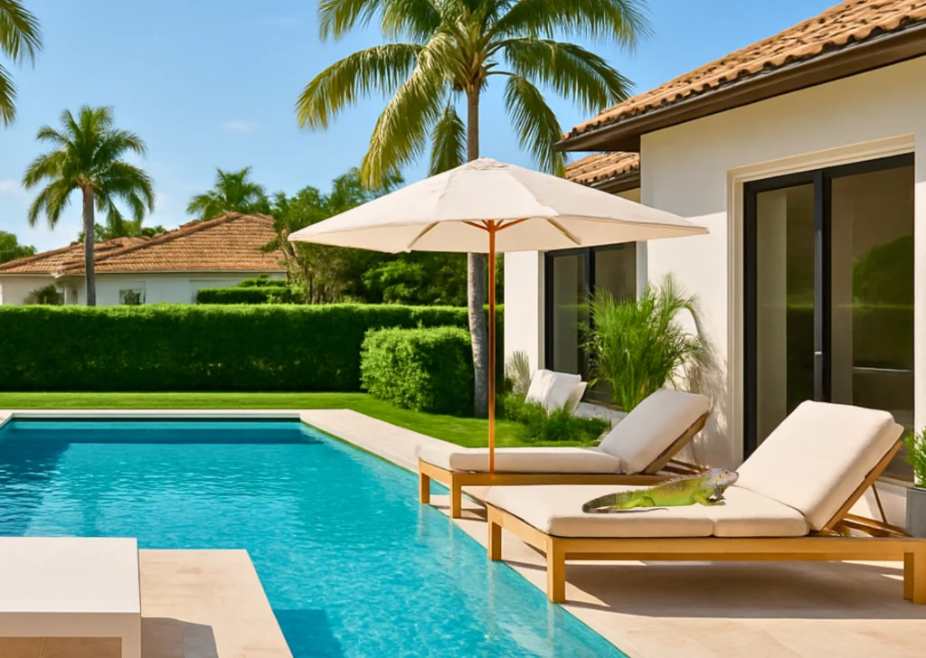 Green iguana basking beside a Florida swimming pool and patio deck